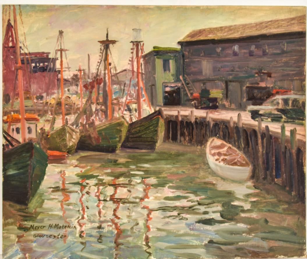MEYER MATZKIN (1880-1976) "Fishing Boats": "Fishing Boats Gloucester" oil on canvas board 20 x 24 inches. signed