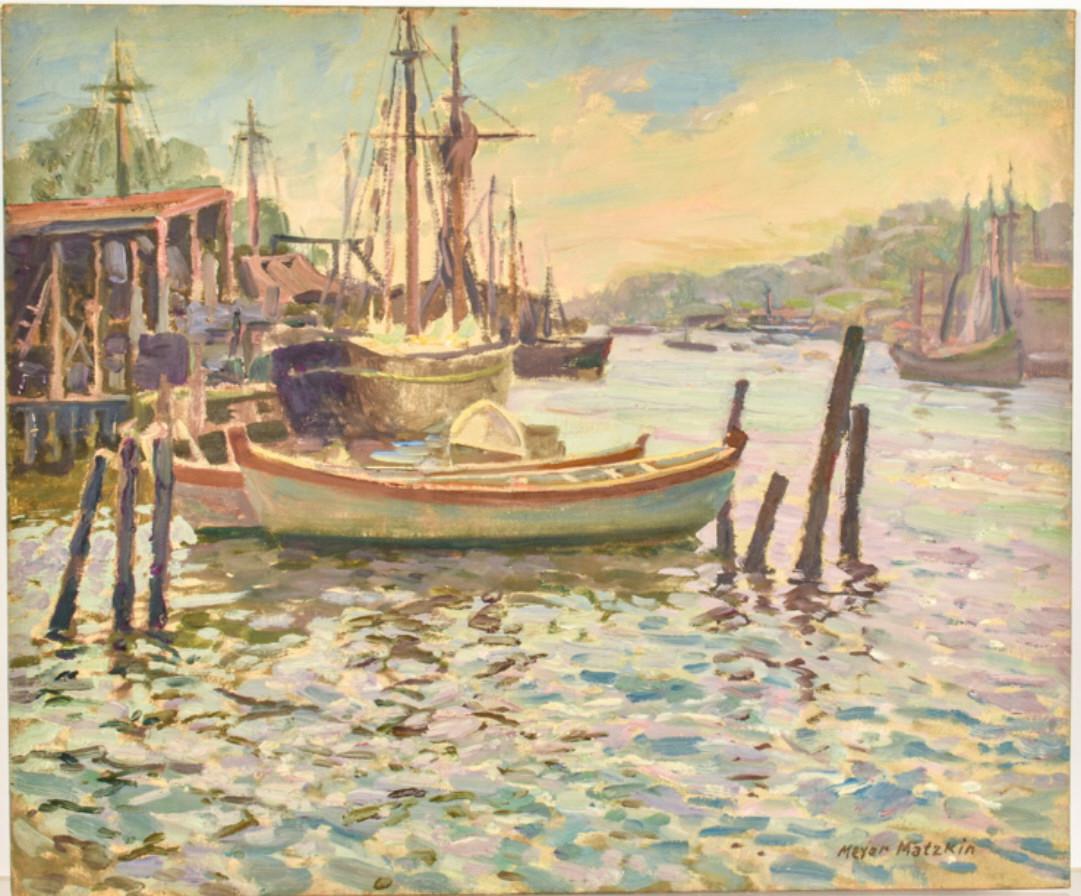 MEYER MATZKIN (1880-1976) "Fishing Boats": "Fishing Boats / Probably Gloucester" oil on canvas board 20 x 24 inches. signed