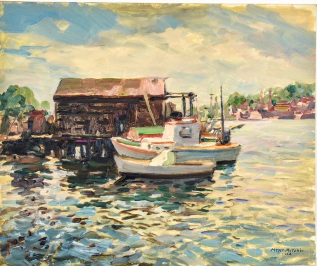 MEYER MATZKIN (1880-1976) "Gloucester Harbor": "Boats at Dock / Probably Gloucester" oil on canvas board 20 x 24 inches. signed and dated 1962