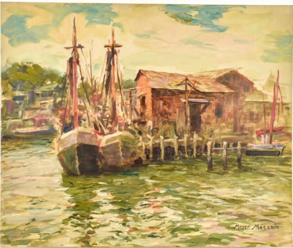 MEYER MATZKIN (1880-1976) "Gloucester Harbor": "Fishing Boats at Dock/ Probably Gloucester" oil on canvas board 20 x 24 inches. signed