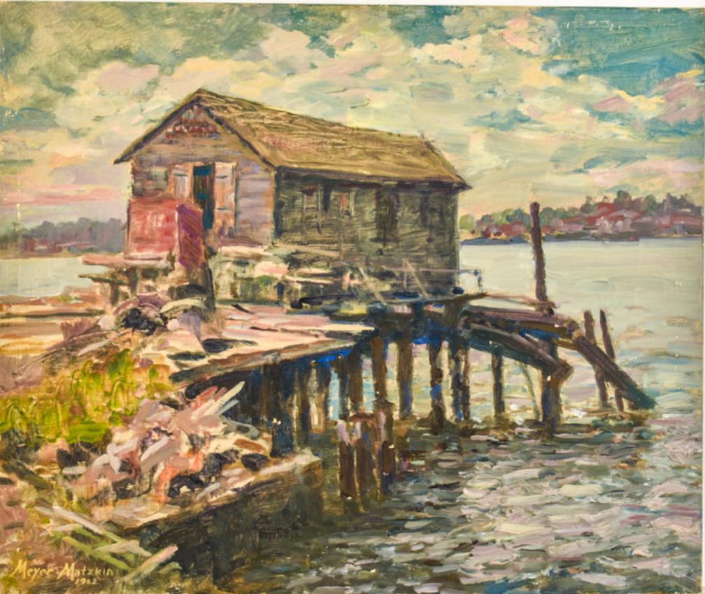 MEYER MATZKIN (1880-1976) "Boathouse on Pier": "Boathouse on Pier / Gloucester" oil on canvas board 20 x 24 inches. signed and dated 1962