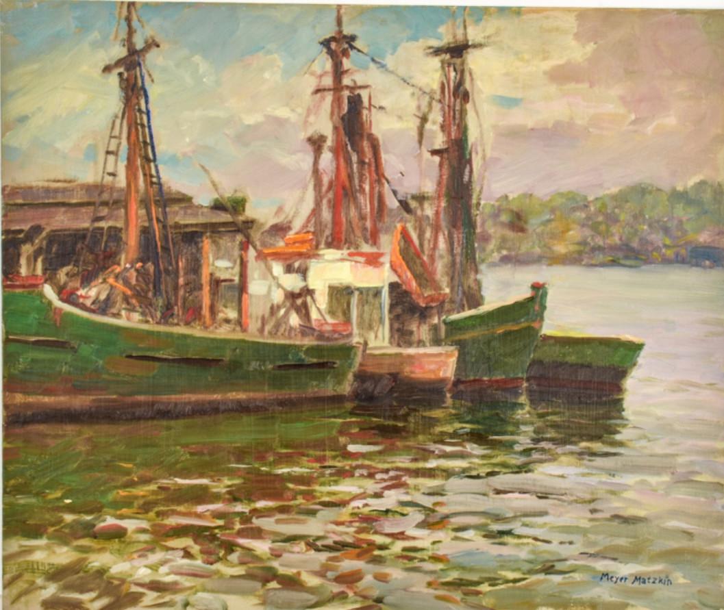 MEYER MATZKIN (1880-1976) "Fishing Boats at Dock": "Fishing Boats at Dock / Gloucester" oil on canvas board 20 x 24 inches. signed