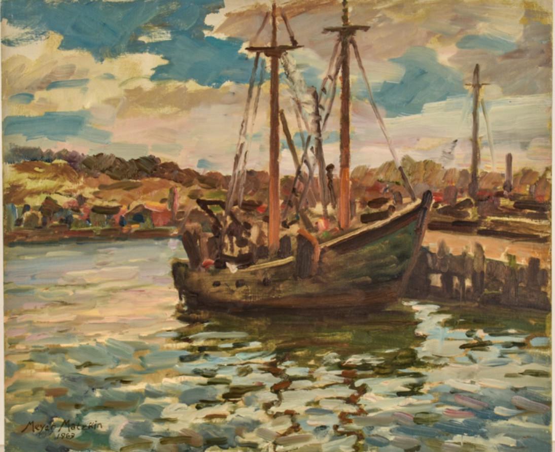 MEYER MATZKIN (1880-1976) "Fishing Boat": "Fishing Boat at Dock / Gloucester" oil on canvas board 20 x 24 inches. signed