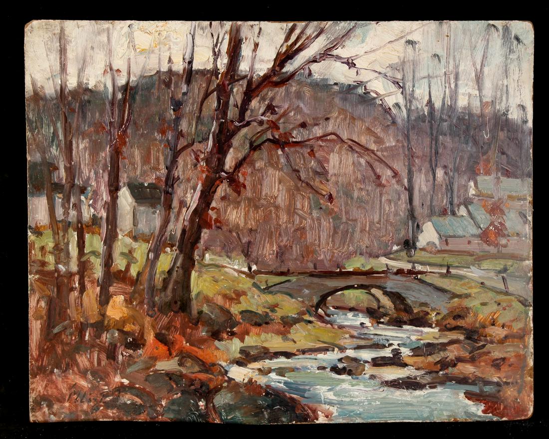 MARIA LISZT (1902-1992) "Rural Autumn Stream": Oil on Masonite 16 x 20 inches. signed