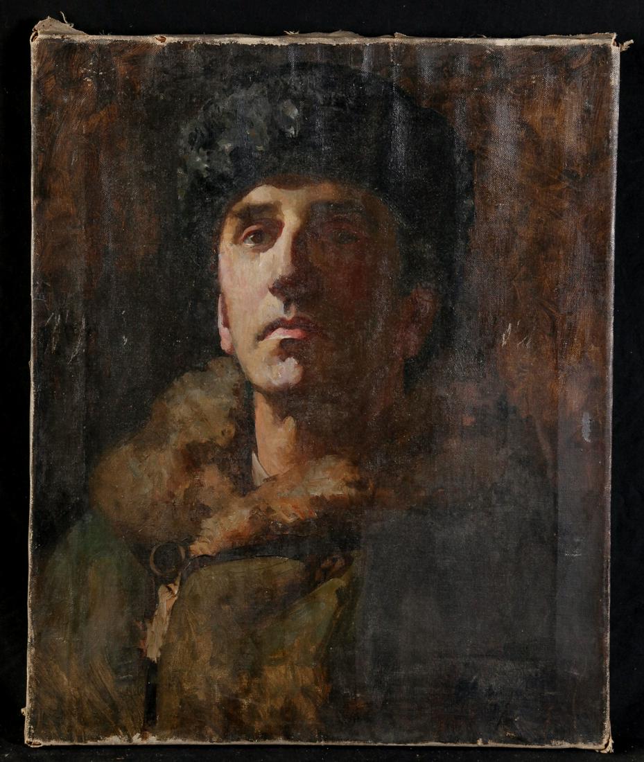 MARIA LISZT (1902-1992) "Young Man in Fur Coat": Oil on canvas 21 x 17 inches. signed