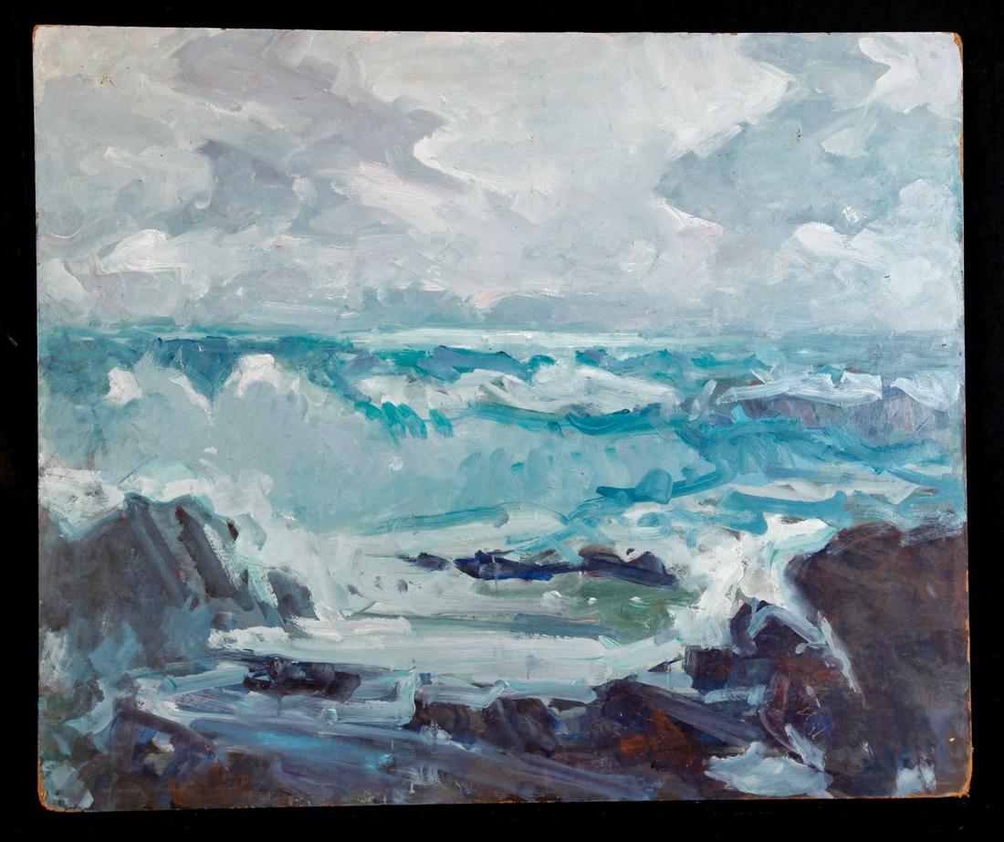MARIA LISZT (1902-1992) "Seascape": Oil on Masonite 25 x 30 inches. estate stamp