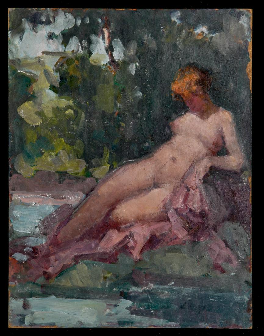MARIA LISZT (1902-1992) "Nude on Lake's Edge": Oil on Masonite 12 x 9 inches. estate stamp