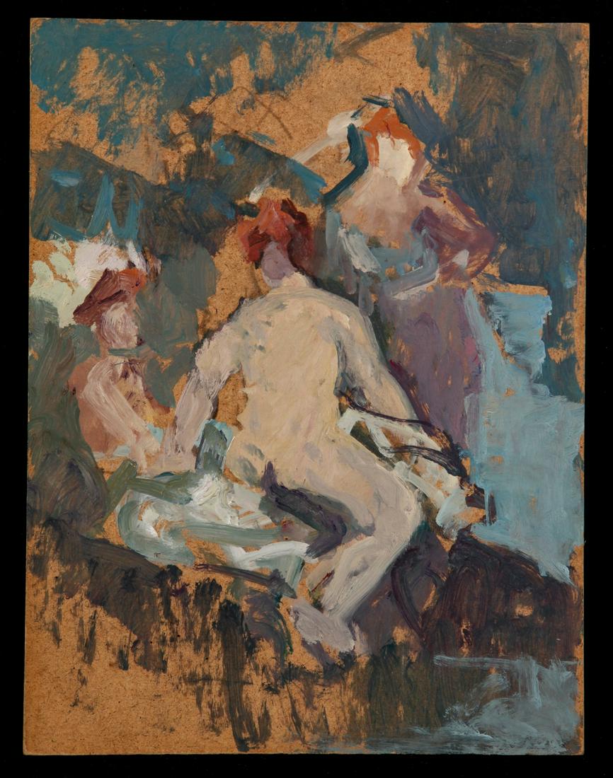 MARIA LISZT (1902-1992) "Nudes on Lake's Edge": Oil on Masonite 12 x 9 inches. estate stamp