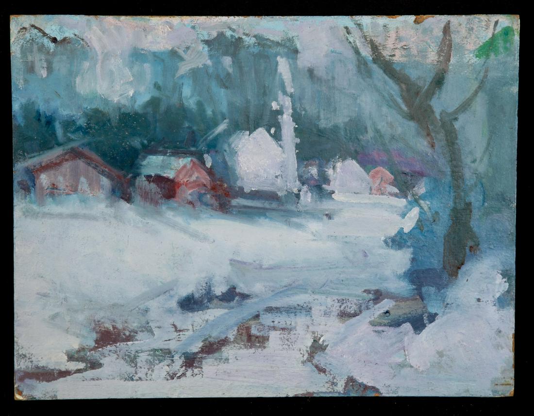 MARIA LISZT (1902-1992) "Winter Landscape": Oil on Masonite 9 x 12 inches. estate stamp