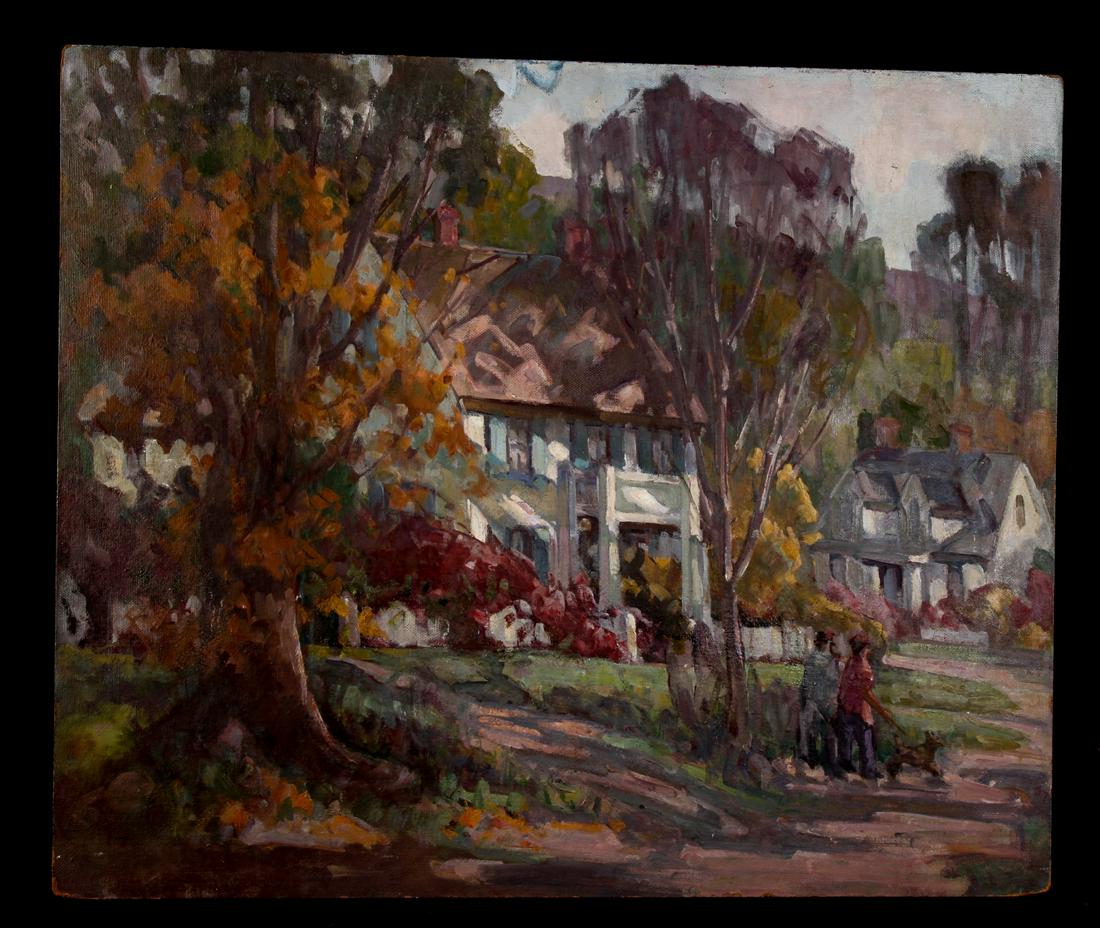 MARIA LISZT (1902-1992) "Autumn Stroll": Oil on Masonite 30 x 36 inches. estate stamp