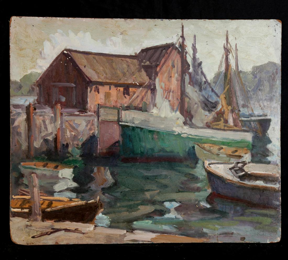 MARIA LISZT (1902-1992) "Rockport Harbor": Oil on Masonite 20 x 24 inches. estate stamp.