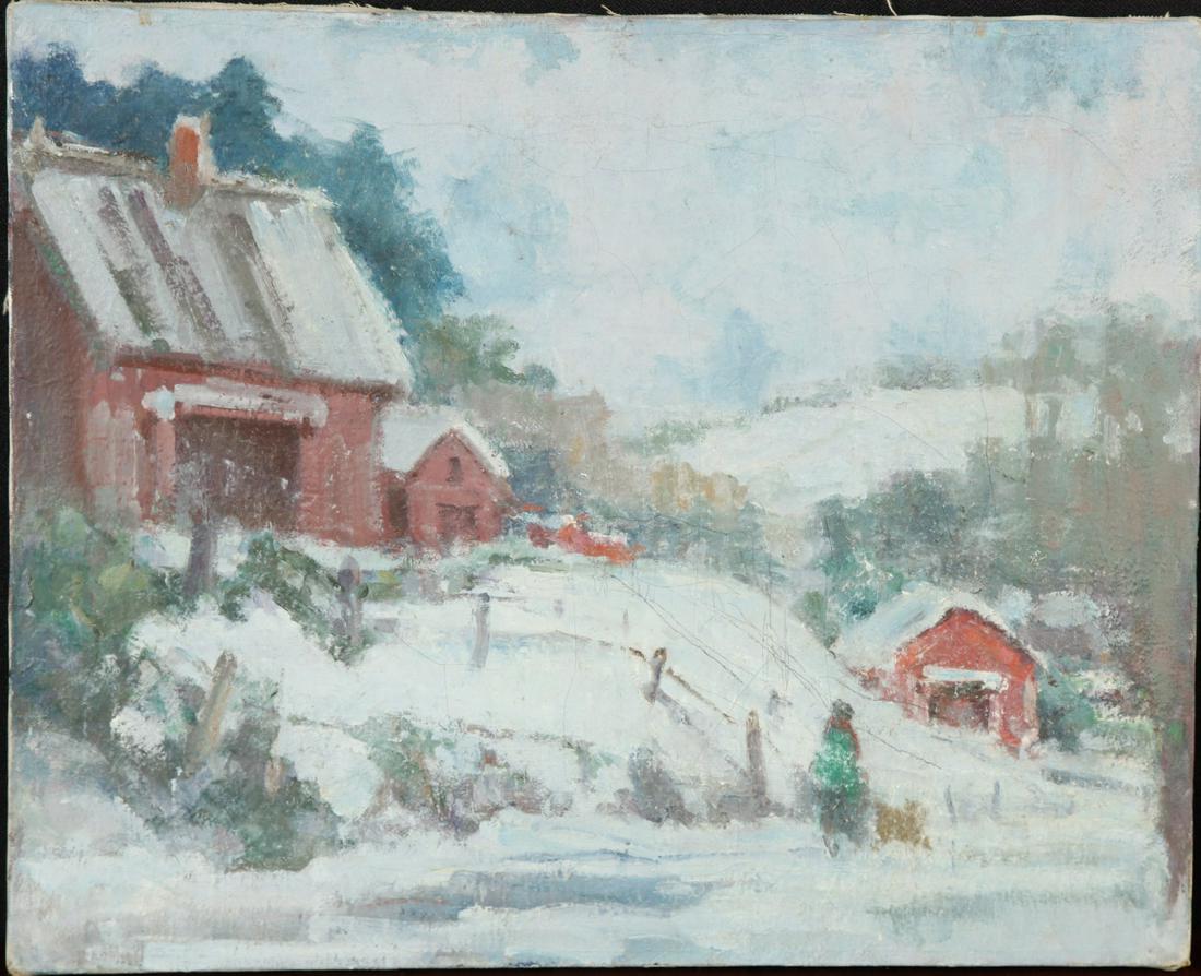 MARIA LISZT (1902-1992) "Rural Landscape in Snow": Oil on canvas 16 x 20 inches. Estate stamp