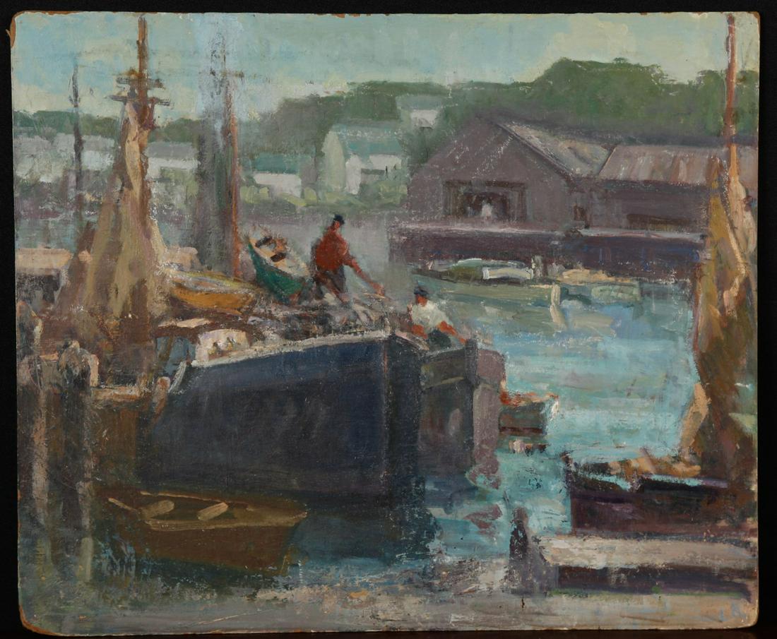 MARIA LISZT (1902-1992) "Gloucester Fishing Boats": Oil on Masonite 20 x 24 inches. Estate stamp