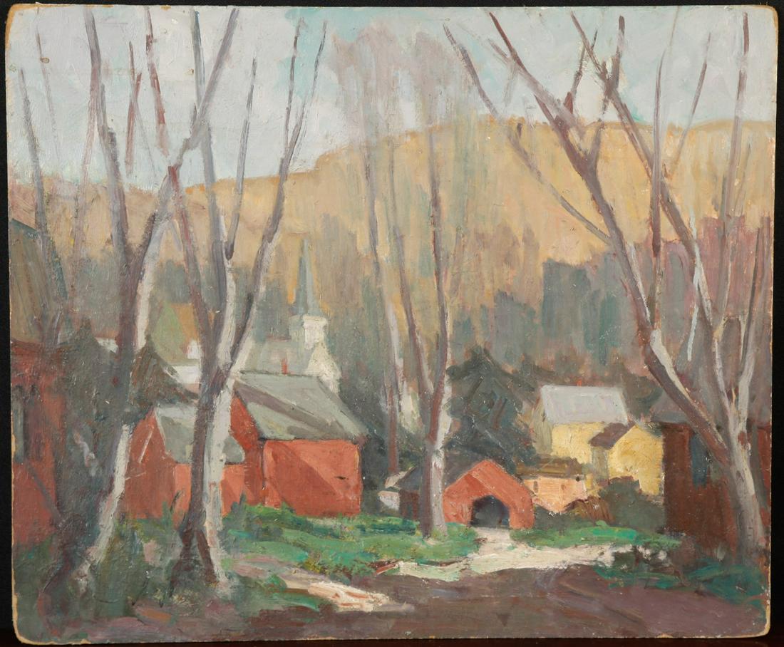 MARIA LISZT (1902-1992) "Rural Village in Vermont": Oil on Masonite 20 x 24 inches. Estate stamp