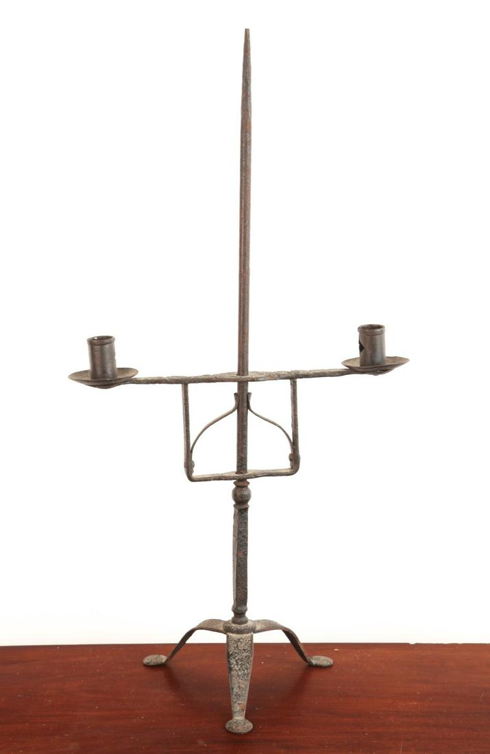 (18th c) WROUGHT IRON (2) LIGHT CANDLE HOLDER (1 of 13)