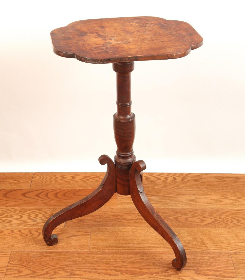 1820 NEW YORK TIGER MAPLE TILT TOP CANDLESTAND (1 of 8)