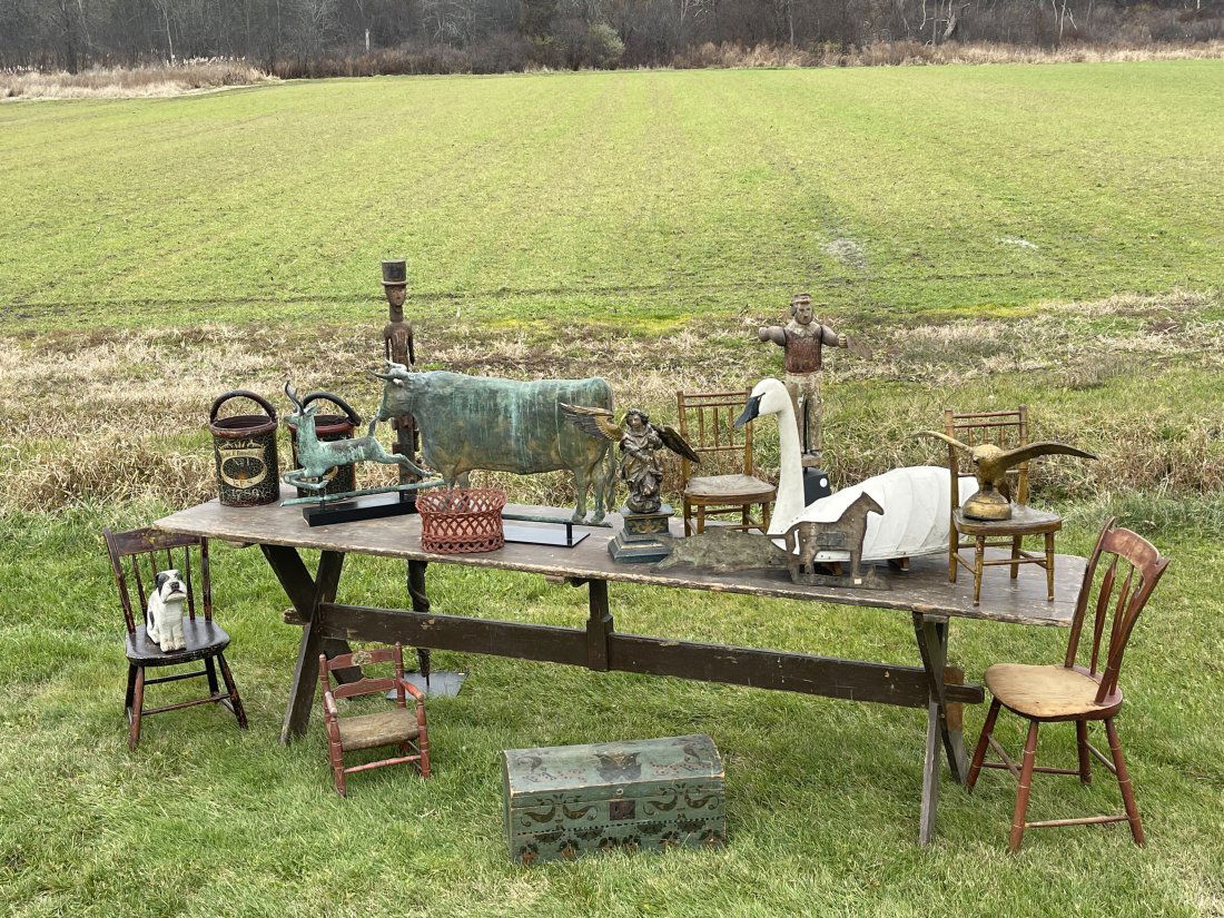 (19th c) SAWBUCK HARVEST TABLE in BROWN PAINT (1 of 4)