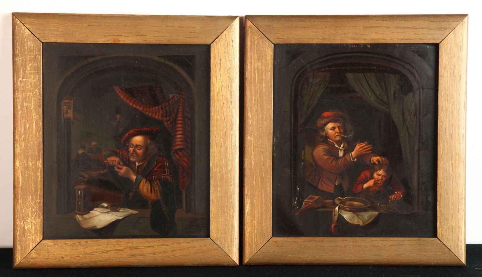 DUTCH SCHOOL (19th c): "Sharpening his Quill" and "The Dentist" oil on copper 10 x 8 1/2 inches. unsigned, framed 12 1/2 x 11 inches (overall)