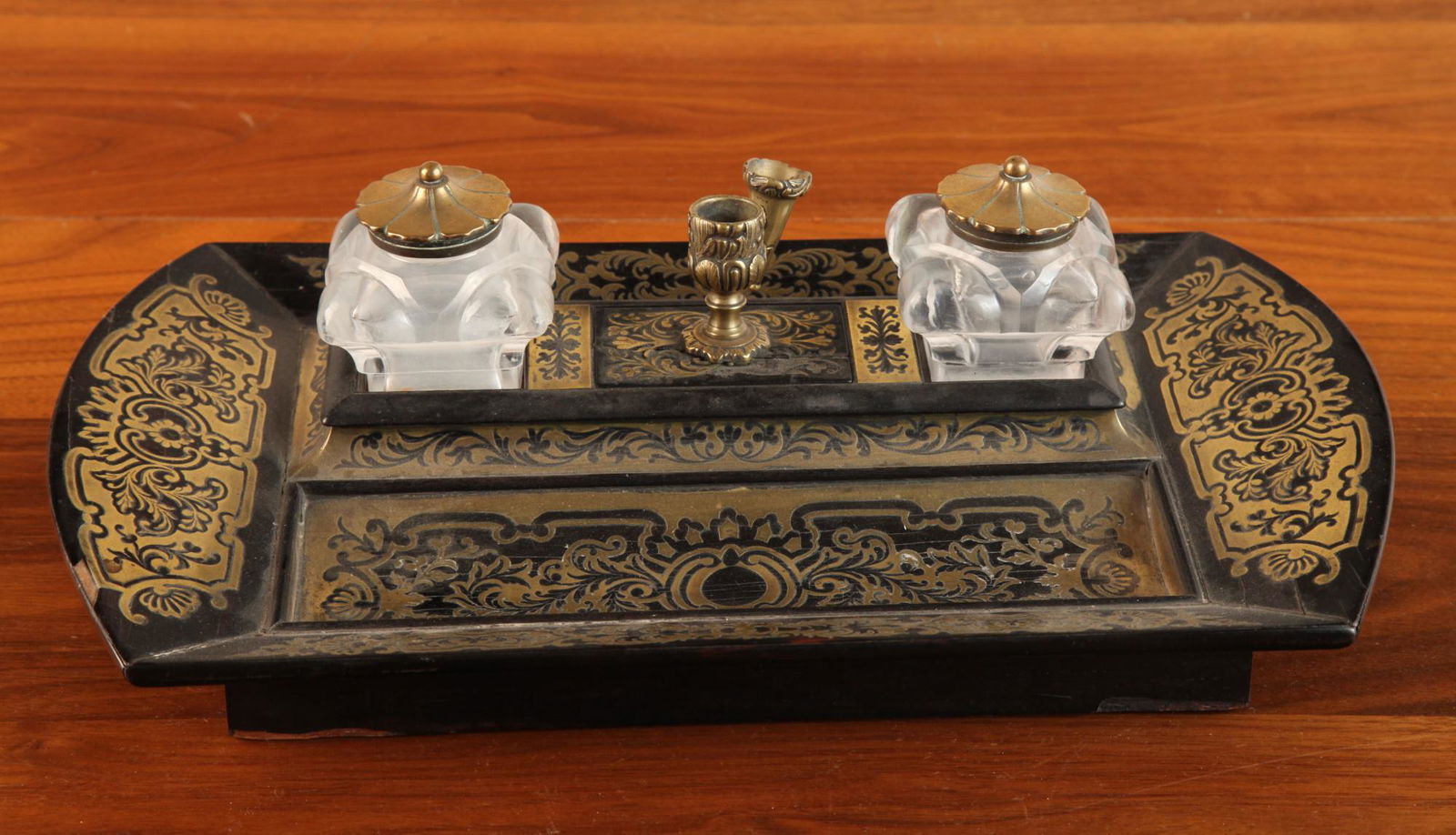 HEAVILY BRASS INLAID ROSEWOOD INK STAND (1 of 9)