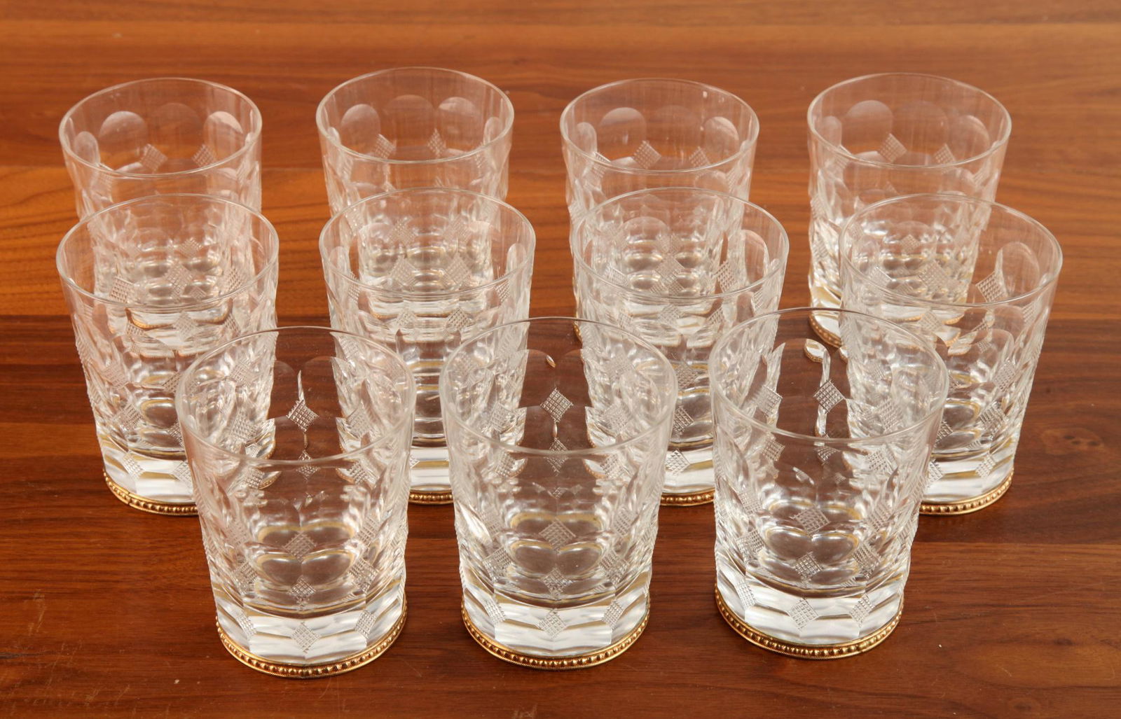 (12) CUT CRYSTAL TUMBLERS with ORMOLU MOUNT FEET: 3 3/4 x 3 inches