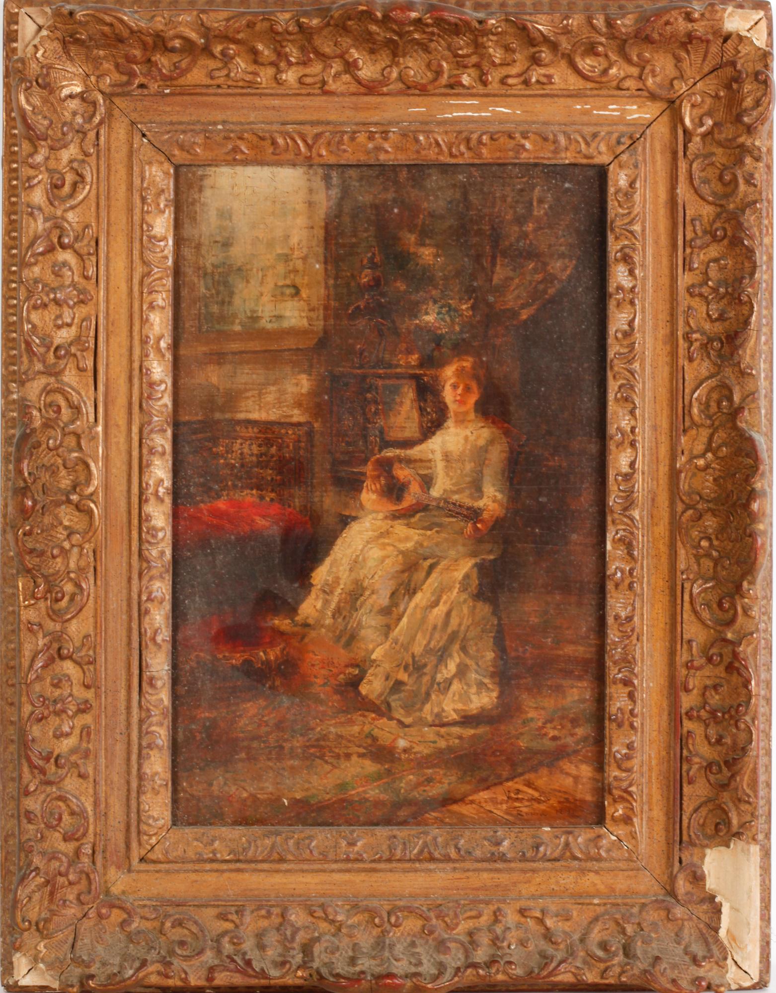 VICENTE POVEDA Y JUAN (1857-1935): "Young Woman with a Lute" oil on panel 12 x 8 inches. signed and dated Rome 1891. framed 17 1/2 x 13 1/2 inches