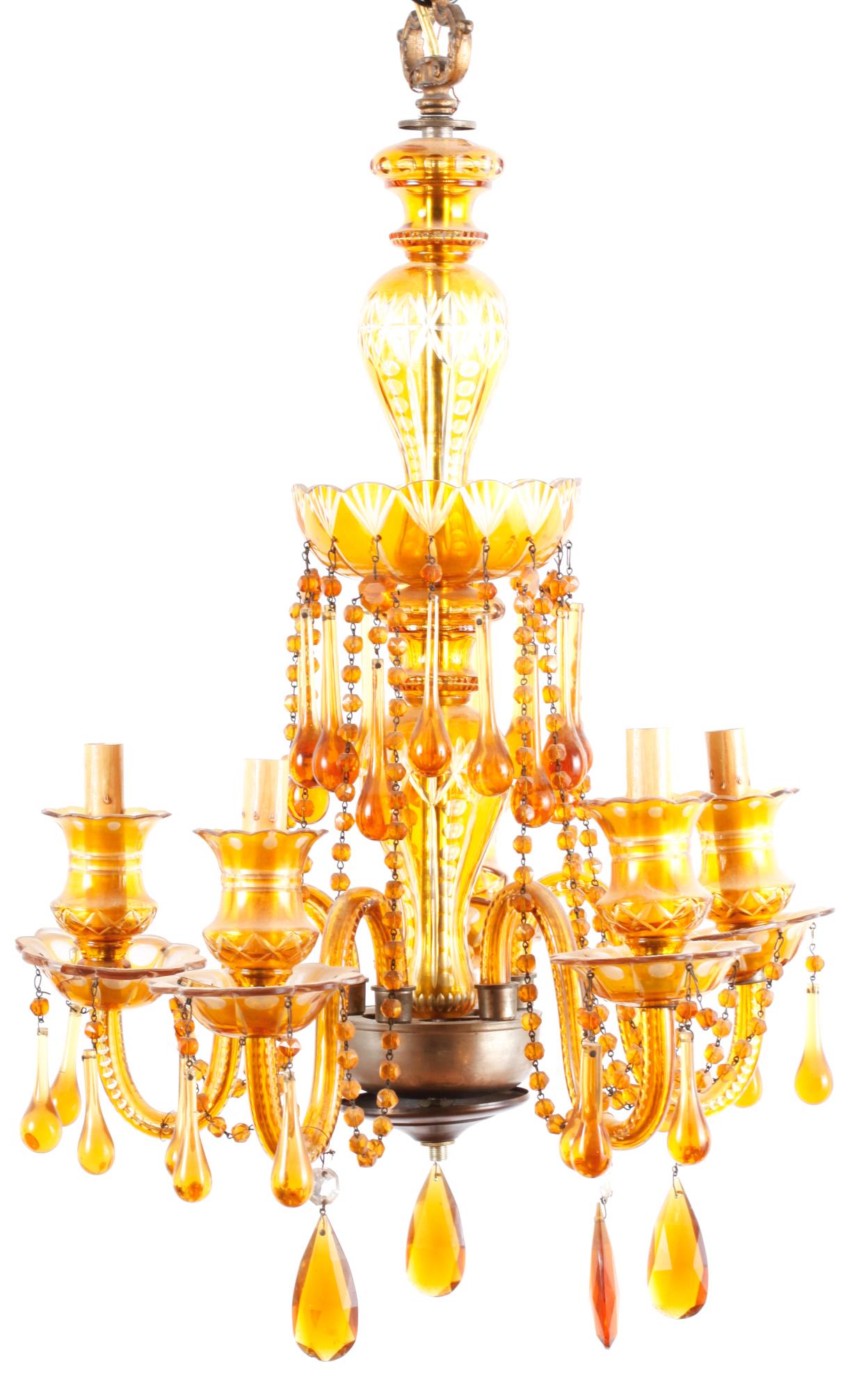 BOHEMIAN CUT GLASS (5) LIGHT CHANDELIER: 28 x 16 inches. If you bid on this item, the bottom bowl and prism are in a box in the warehouse. It may take us a few weeks to locate