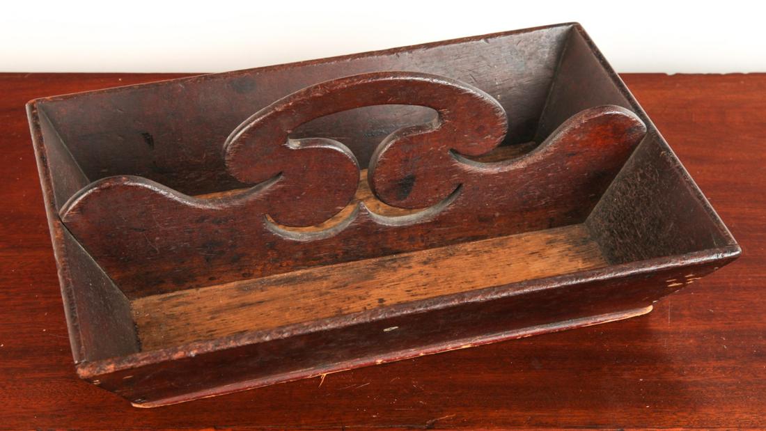 EARLY WOODEN UTENSIL BOX with SHAPED HANDLE (1 of 7)