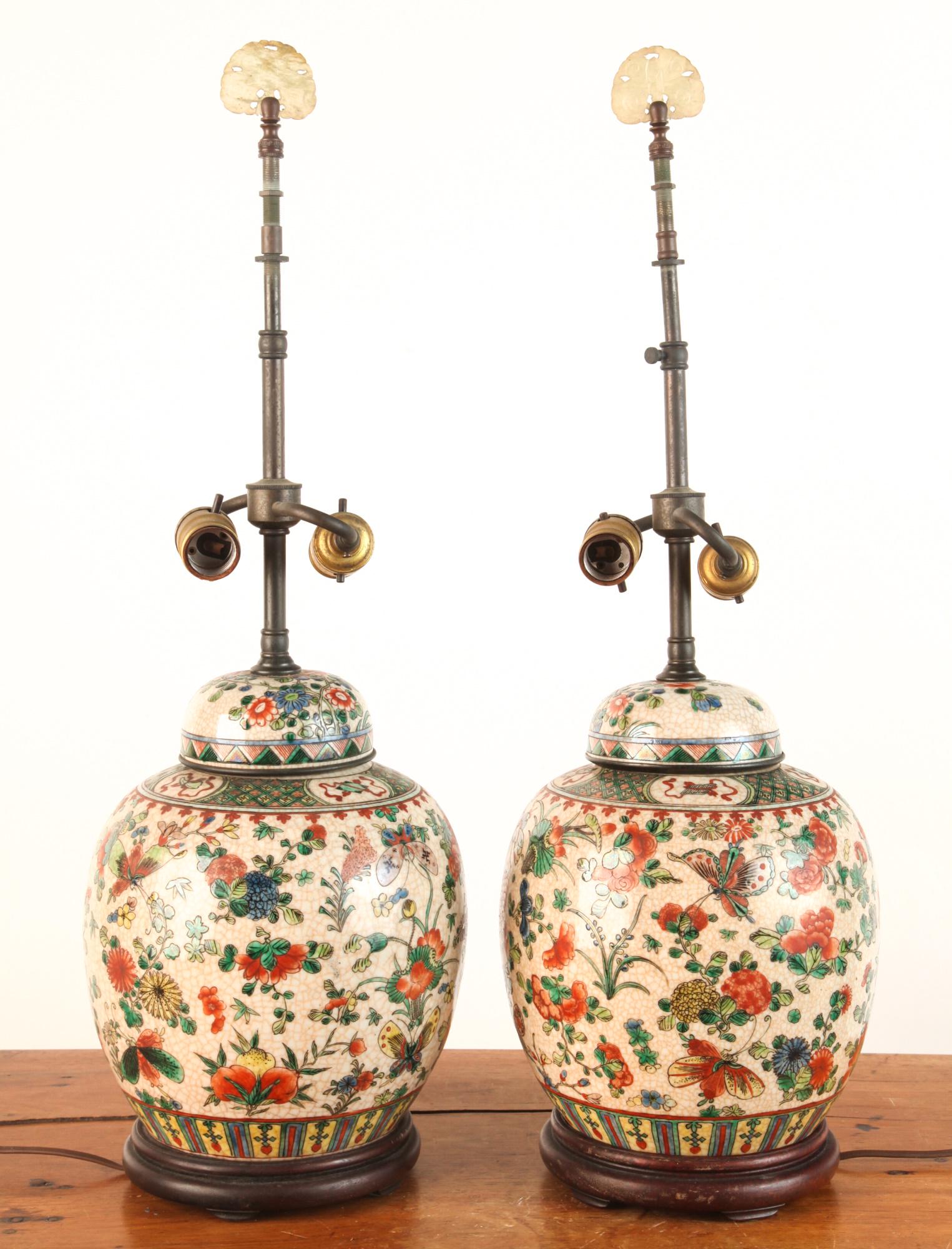 PAIR OF LAMPS with GINGER JAR BASES & JADE FINIALS (1 of 10)