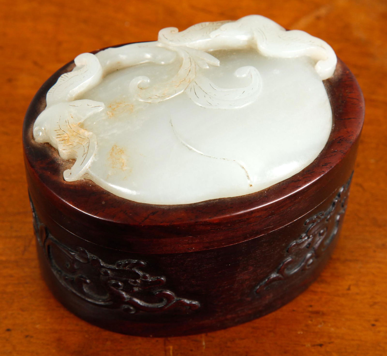 (19th c) CHINESE HARDWOOD BOX set with WHITE JADE (1 of 14)