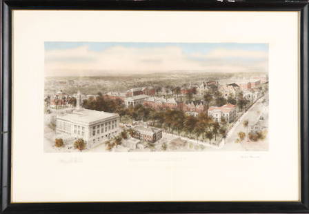 BIRDSEYE VIEW OF BROWN UNIVERSITY: Lithographic print in color. Richard Rummell (1848-1924) framed 26 1/2 x 38 1/2 inches