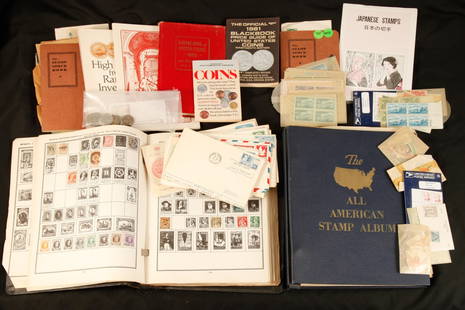 AMERICAN & INTERNATIONAL STAMPS, BLOCKS & COVERS: Together with a group of foreign coins and some books on stamp and coin collecting. See photographs