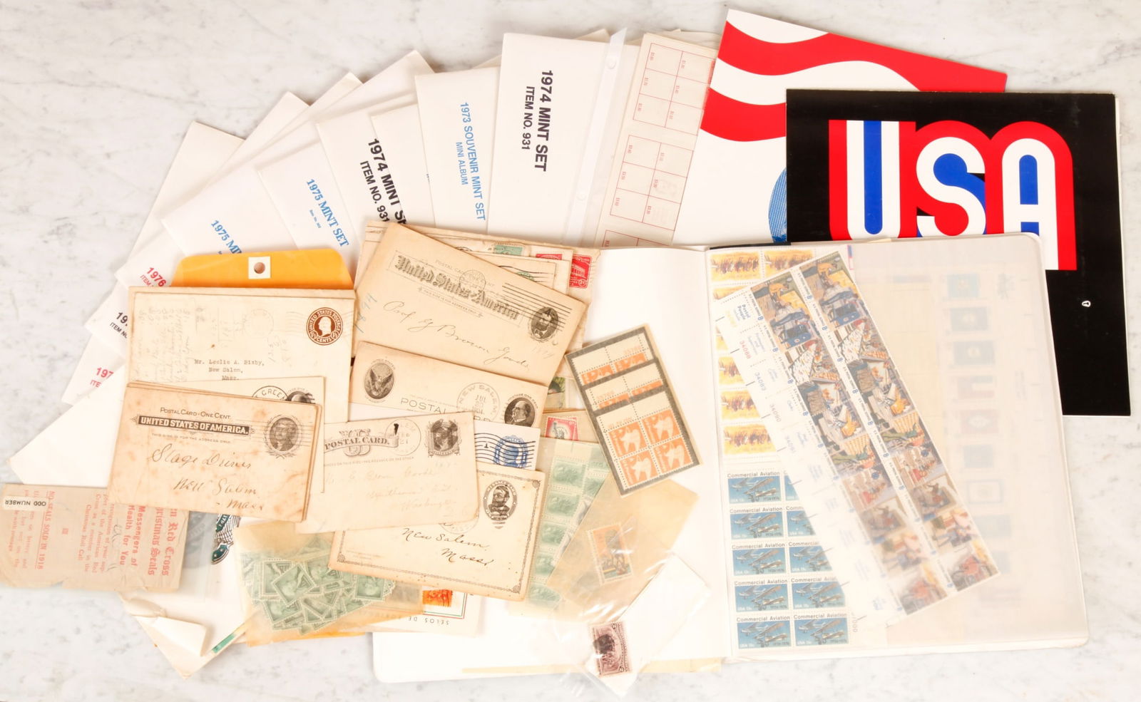 GROUPING OF US PLATE BLOCKS, STAMP MINT SETS etc. (1 of 13)