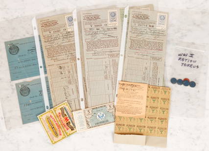 WWII U.S. RATION STAMPS and TOKENS etc.: Fuel oil, mileage, military payment certificate etc. Together with a Winchester black powder label.