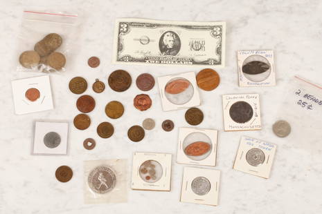 GROUPING OF ODDITIES and EXONUMIA: Bonkers of Peabody arcade tokens, mini-money,. silver Columbian exposition, State of Washington tax token, Johnny Walker. reproduction of a Colonial penny etc.