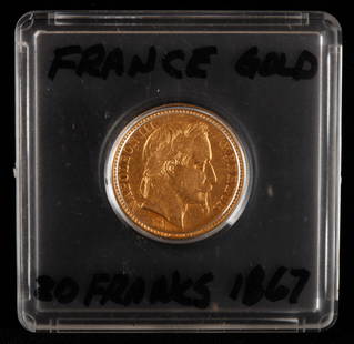 1867 FRENCH NAPOLEON III 20 FRANKS GOLD PIECE: See photographs