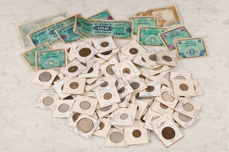 COLLECTION OF FRENCH COINS & CURRENCY: Some (19th c) and largely 1920s-1940s. Some silver, bronze and aluminum examples