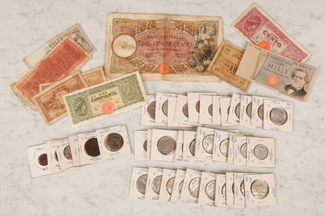 GROUP OF ITALIAN COINS and CURRENCY: Including: 1796 Sardinia Billon, some (19th c examples and 1940s-1970s aluminum coinage.