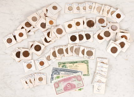 GROUP OF BRITISH COINS and CURRENCY: Comprising: (First half 20th c) Pennies, shillings, pence, (9) silver 3 pence, (10) other British and Irish silver pieces, as well as a George II example in poor condition