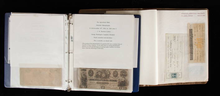 COLLECTION OF (19th c)  AMERICAN BANKNOTES etc.: Including: 1819 Agricultural Bank, 1862 Redeemable scrip, 1859 Andover Bank, c1808 Berkshire Bank, Jacob Perkins bank note, (3) Web-fed notes, Depression scrip, Mormon Tithing Scip, POW Camp money, Bo