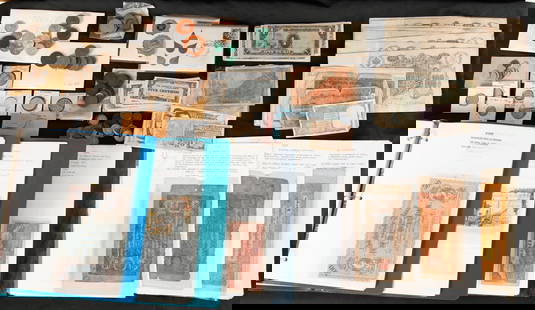 LARGE GROUP OF INTERNATIONAL COINS & CURRENCY: Including: Binder "Beautiful Women on Paper Money", "Foreign Notes", Paper Money depicting textiles. Together with loose Centavos and other Japanese currency, Russian currency, Tibet and coins from Sc