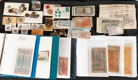 LARGE GROUP OF INTERNATIONAL COINS & CURRENCY: Including: Binder "Beautiful Women on Paper Money", "Foreign Notes", Paper Money depicting textiles. Together with loose Centavos and other Japanese currency, Russian currency, Tibet and coins from Sc