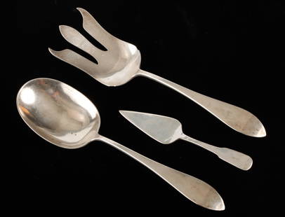 OLD NEWBURY CRAFTERS STERLING SILVER SALAD SET: Together with a cheese spreader. 9 3/4 inches (and smaller) 7.7 troy ounces