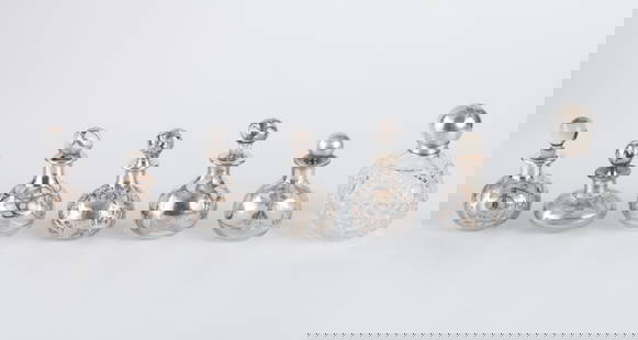 GROUPING OF (7) SILVER OVERLAY PERFUME BOTTLES: 4 inches (and under)