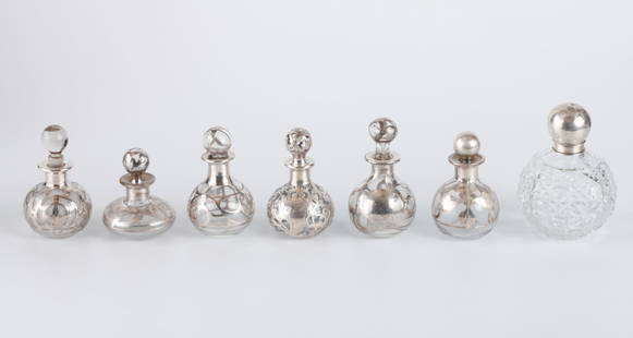 GROUPING OF (7) SILVER OVERLAY PERFUME BOTTLES: 4 inches (and under)