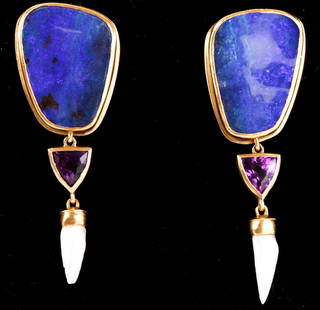 18K DESIGNER MADE EARRINGS w BLACK OPAL & AMETHYST: 14K Omega back, black opal and trillian cut amethyst with baroque pearl dangles. Two inch length. Total weight 10.45 dwt.