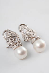 PAIR 18K WHITE GOLD PEARL & DIAMOND EARRINGS: Total weight 4.86 dwt.