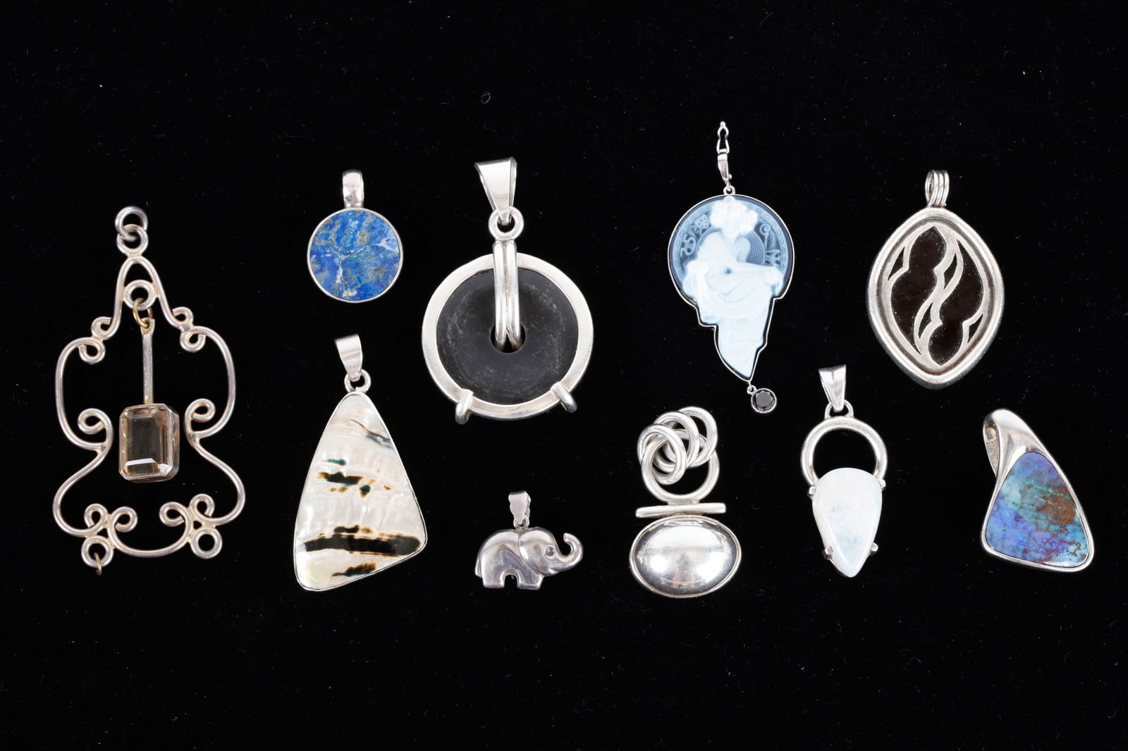 (10) 14k GOLD, STERLING and UNMARKED PENDANTS: Including: 14k white gold Cllo Alphonse Mucha cameo glass, (5) marked sterling and (4) unmarked