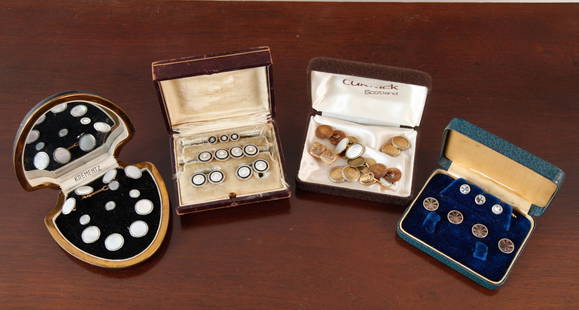 GROUP OF FINE QUALITY VINTAGE CUFFLINKS & STUD SET: Includes a set of Shreve & Company cufflinks & button studs with seed pearls, mother-of-pearl veneer, and 14K gold plate (0.69 ozt), a set of Krementz mother-of-pearl cufflinks & button studs, a set o