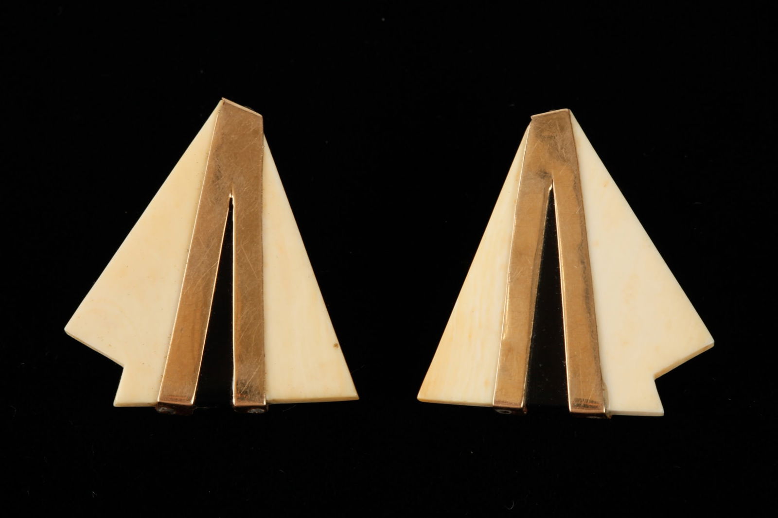 BONE, ONXY & 14k GOLD ART DECO EARRINGS by MAZ: 1 1/4 x 1 1/4 inches