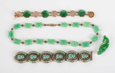 14k GOLD & JADE BRACELET, a SECOND and a NECKLACE: 14k gold chain bracelet with alternating gold characters and jade, a 16 inch jade necklace marked China, a broad silver bracelet marked illeg, and an unmarked dolphin form jade pin. 14k and jade brace